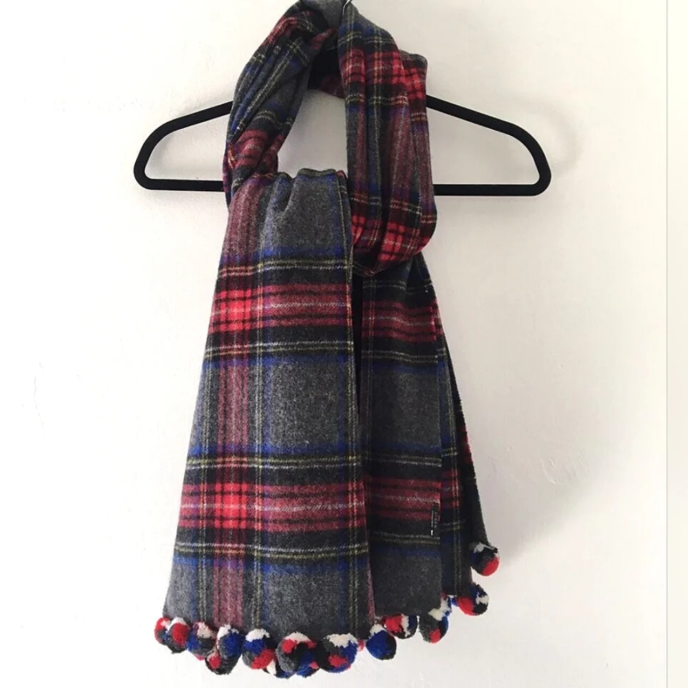 J. CREW | Wool, Plaid Pom Pom Blanket Scarf